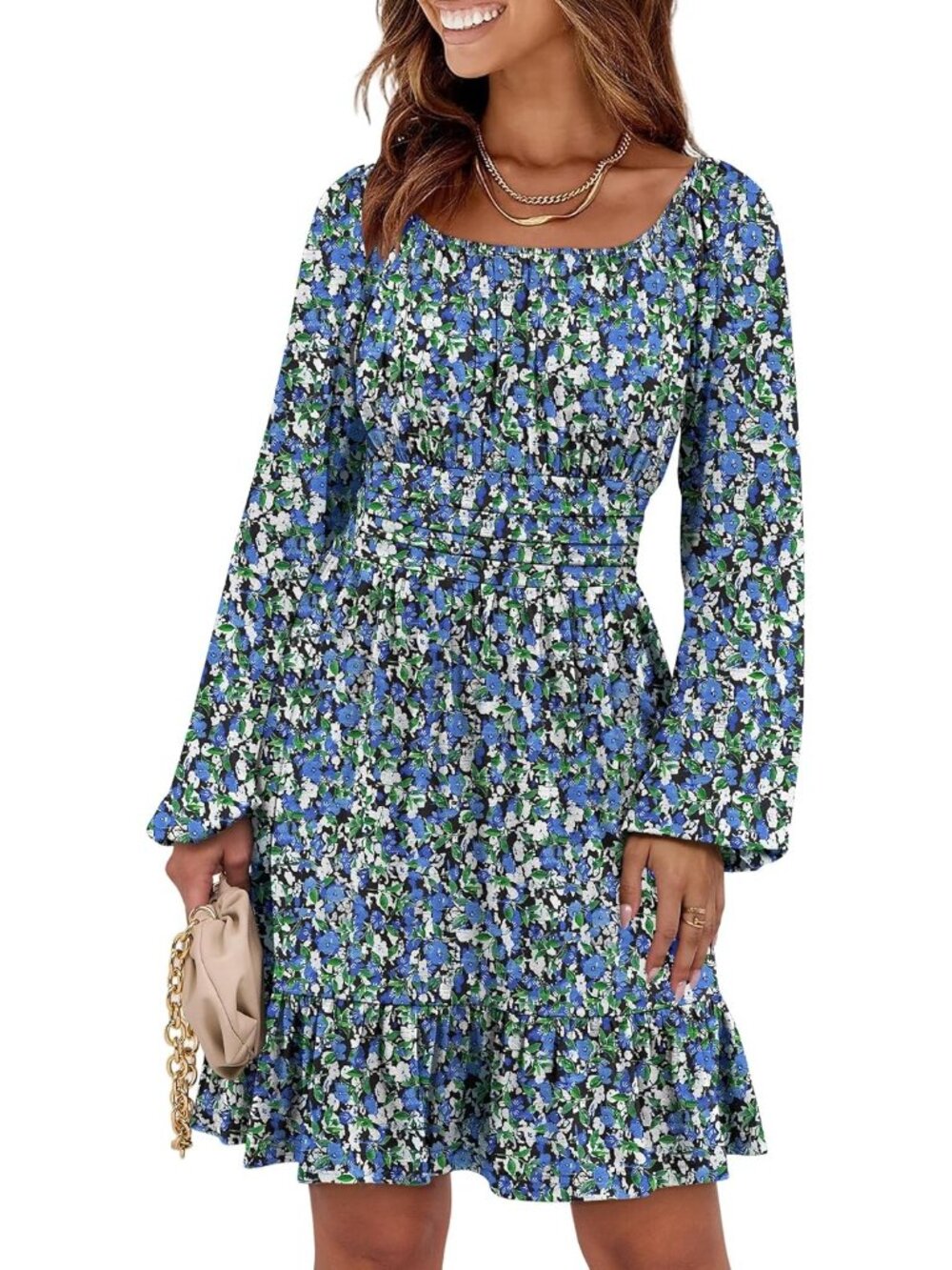 Women's Blue Black Long Lantern Sleeve Ruffle Flowy Swing A-Line Short Dress - Picture 2 of 6